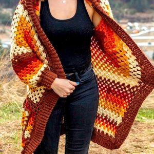 Handmade Chunky Long Granny Square Cardigan - Fall Sweater Size M